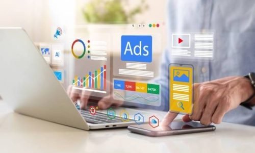 Digital marketing concept, Businessman using laptop with Ads dashboard digital marketing strategy analysis for branding. online advertisement, ad on website and social media. SEO. SMM.