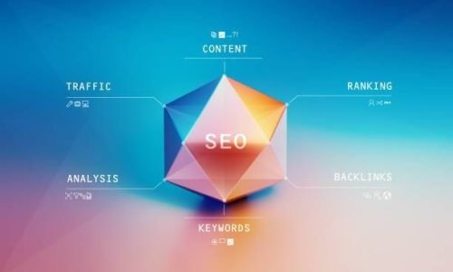 SEO prism on pink and blue background. Horizontal composition with copy space. SEO concept.