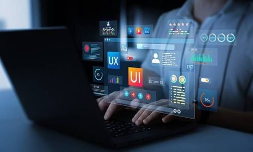 Holographic UI-UX, display icons of UX-UI designer, creative planning, data visualization. Web design, application design,coding develop.UX-UI design web and user design development.